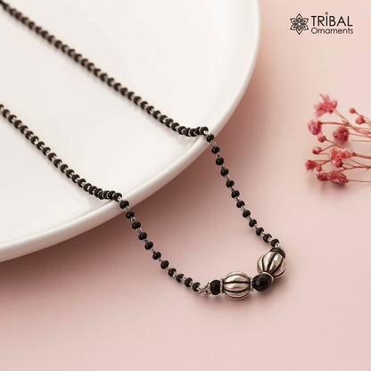 925 sterling silver black beaded chain necklace with vintage silver ball pendant, traditional Mangalsutra style from TRIBAL ORNAMENTS