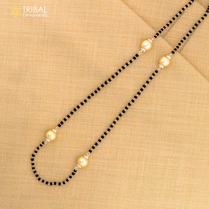 925 sterling silver black beaded chain necklace with white pearls, featuring an elegant tribal-inspired design by Tribal Ornaments.