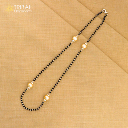 925 sterling silver black beaded chain necklace with white pearls, elegant tribal jewelry set from Tribal Ornaments.