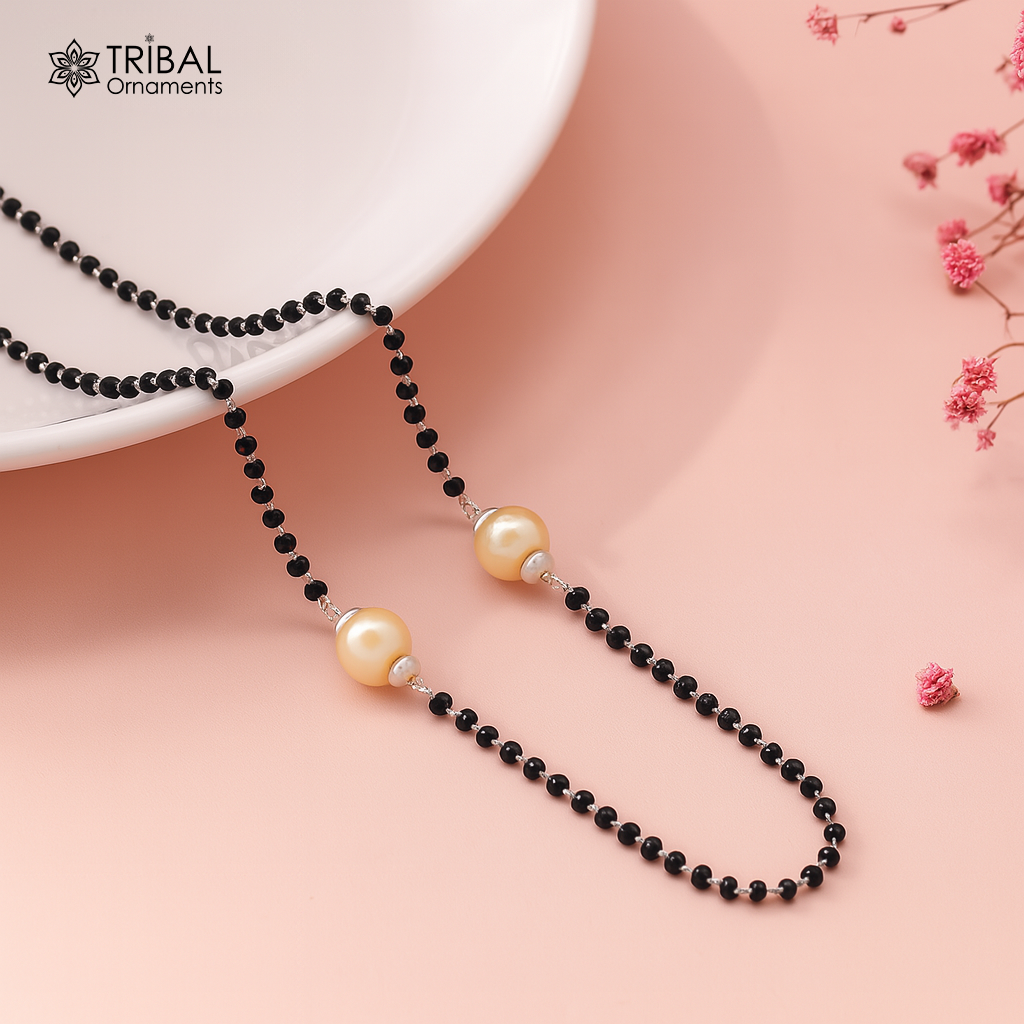 925 sterling silver black beaded chain necklace with gorgeous white pearls, best gifting elegant necklace tribal necklace set221 - TRIBAL ORNAMENTS