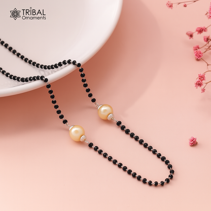 Sterling silver black beaded chain necklace with white pearls, elegant tribal-inspired jewelry by TRIBAL ORNAMENTS.