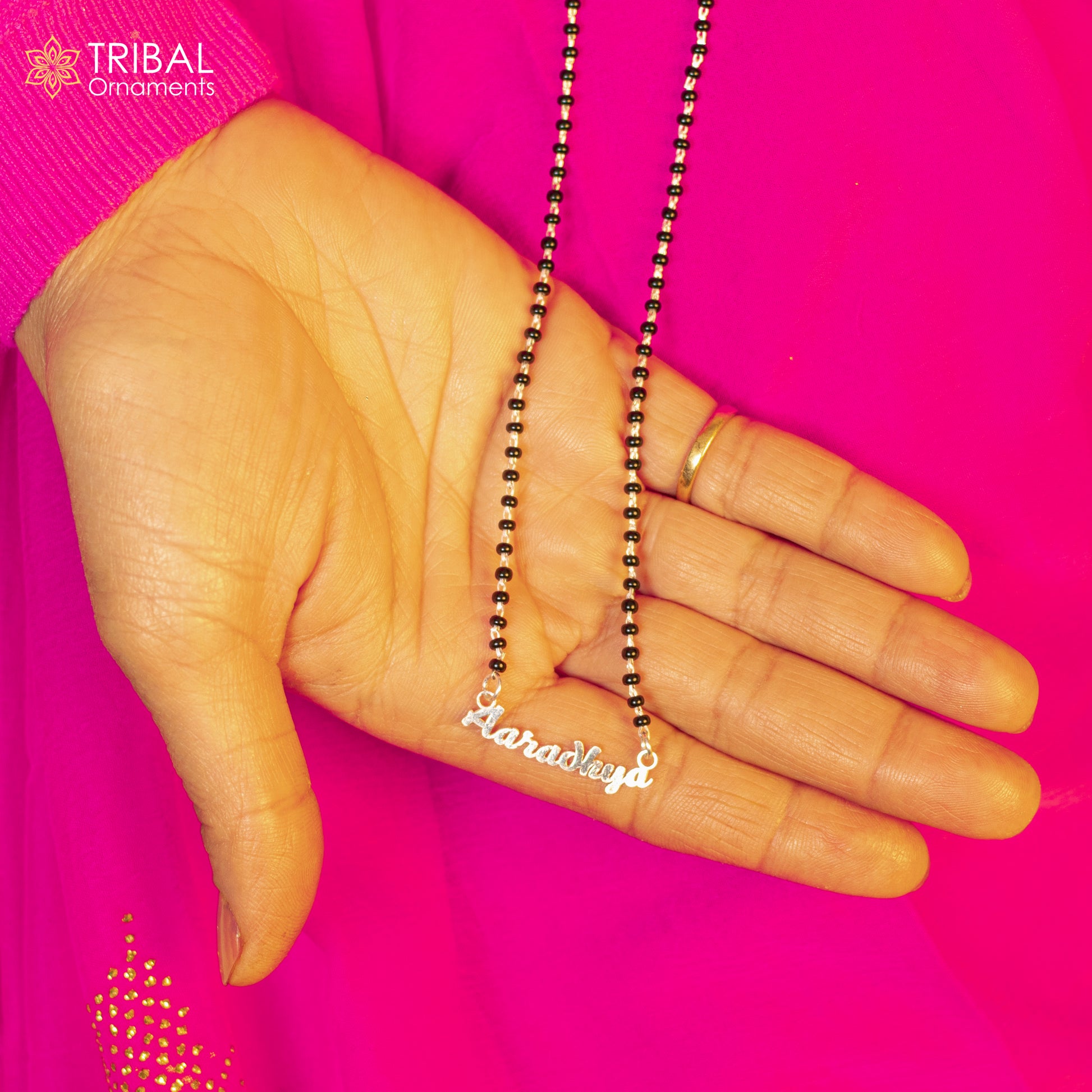 925 sterling silver black beads and aradhaya name design mangal sutra necklace brides Mangalsutra and personalized jewelry ms96 - TRIBAL ORNAMENTS