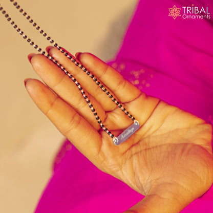 Sterling silver black beads and Aradhaya name design Mangalsutra necklace by TRIBAL ORNAMENTS, personalized bridal jewelry.