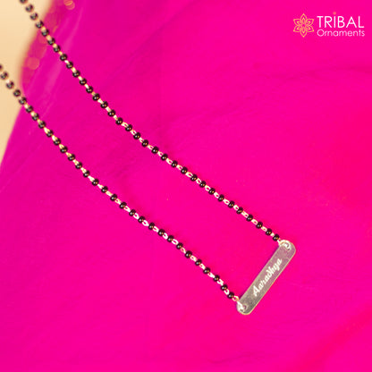925 sterling silver mangalsutra with black beads and Aradhaya name design, personalized jewelry by TRIBAL ORNAMENTS