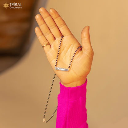 925 sterling silver mangalsutra with black beads and Aradhaya name design, personalized jewelry for brides by TRIBAL ORNAMENTS