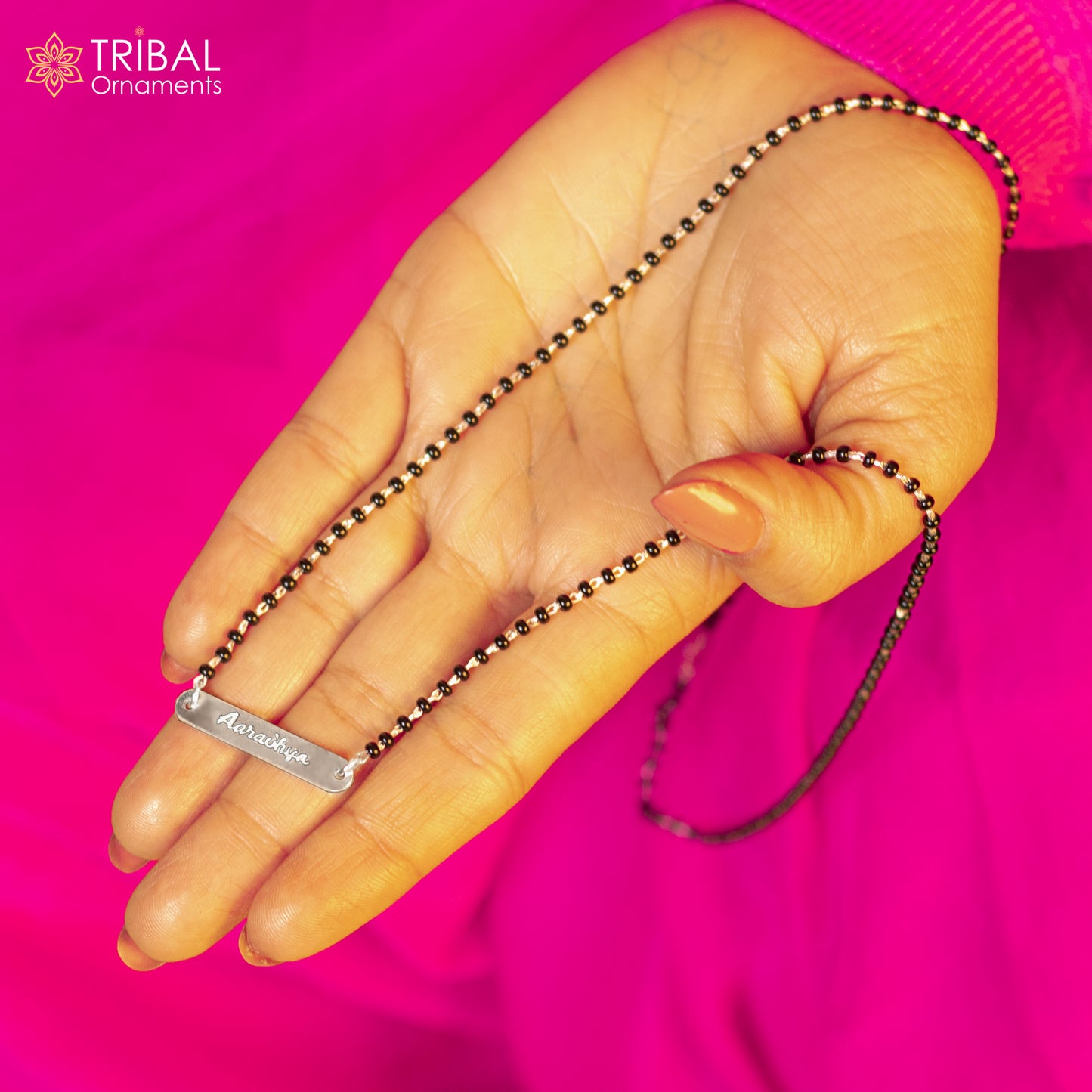 925 sterling silver black beads and aradhaya name design mangal sutra necklace brides Mangalsutra and personalized jewelry ms97 - TRIBAL ORNAMENTS