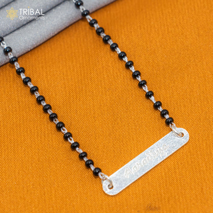 925 sterling silver mangalsutra with black beads and Aradhaya name design, personalized jewelry for brides by TRIBAL ORNAMENTS
