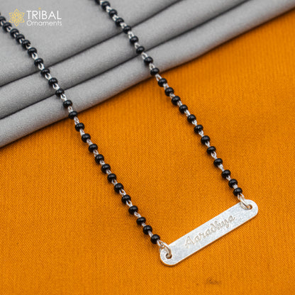 Sterling silver black beads and Aradhaya name design Mangalsutra necklace by TRIBAL ORNAMENTS, personalized bridal jewelry.