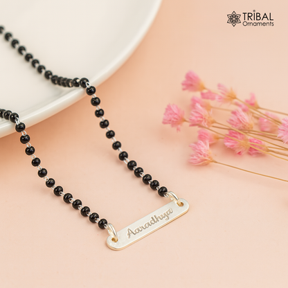925 sterling silver black beads and Aradhaya name design Mangalsutra by TRIBAL ORNAMENTS, personalized jewelry for brides