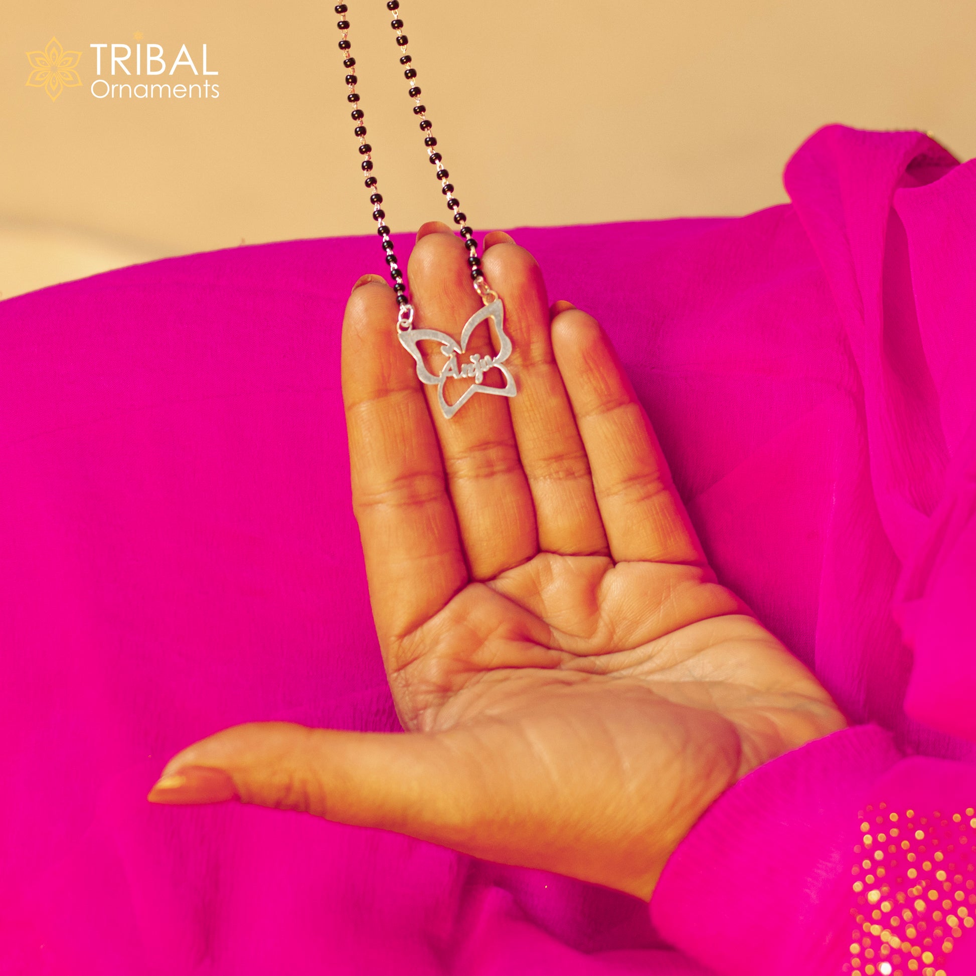 925 sterling silver black beads and flower design mangal sutra necklace brides Mangalsutraand personalized jewelry ms95 - TRIBAL ORNAMENTS