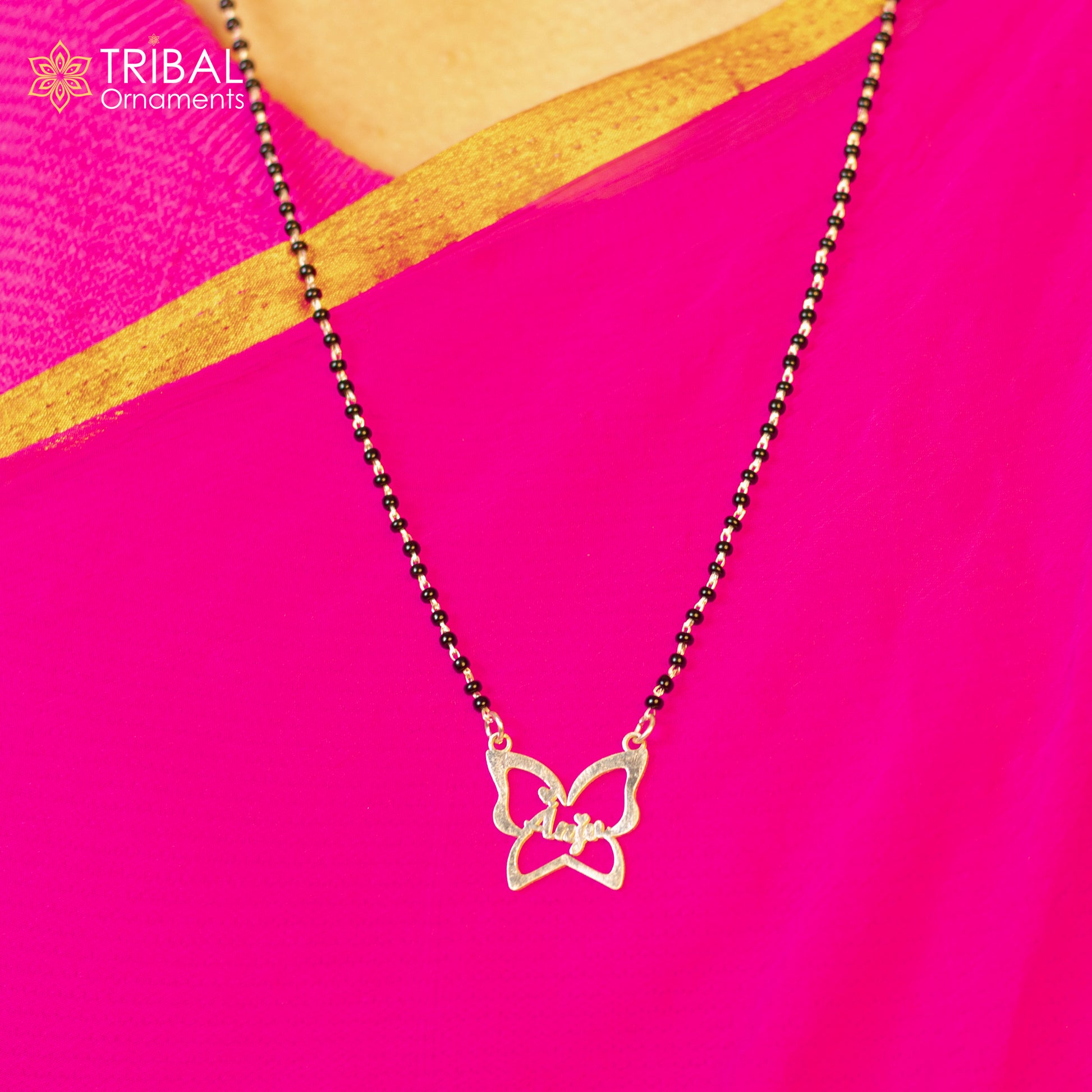 925 sterling silver black beads and flower design mangal sutra necklace brides Mangalsutraand personalized jewelry ms95 - TRIBAL ORNAMENTS