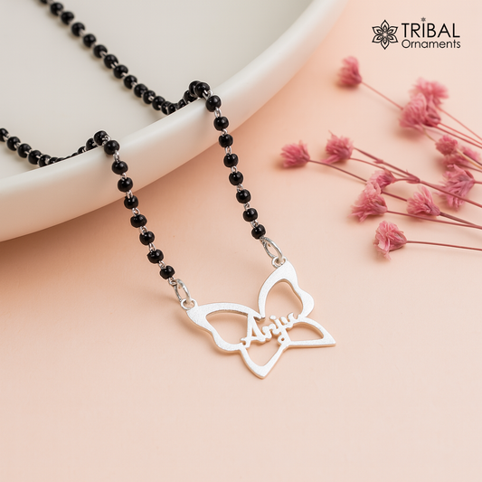 925 sterling silver black beads and flower design mangal sutra necklace brides Mangalsutraand personalized jewelry ms95 - TRIBAL ORNAMENTS