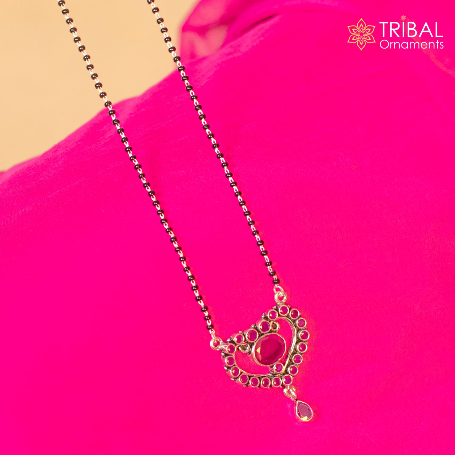 925 sterling silver black beads and red cut stone heart design mangal sutra necklace brides Mangalsutra chunky necklace ms84 - TRIBAL ORNAMENTS