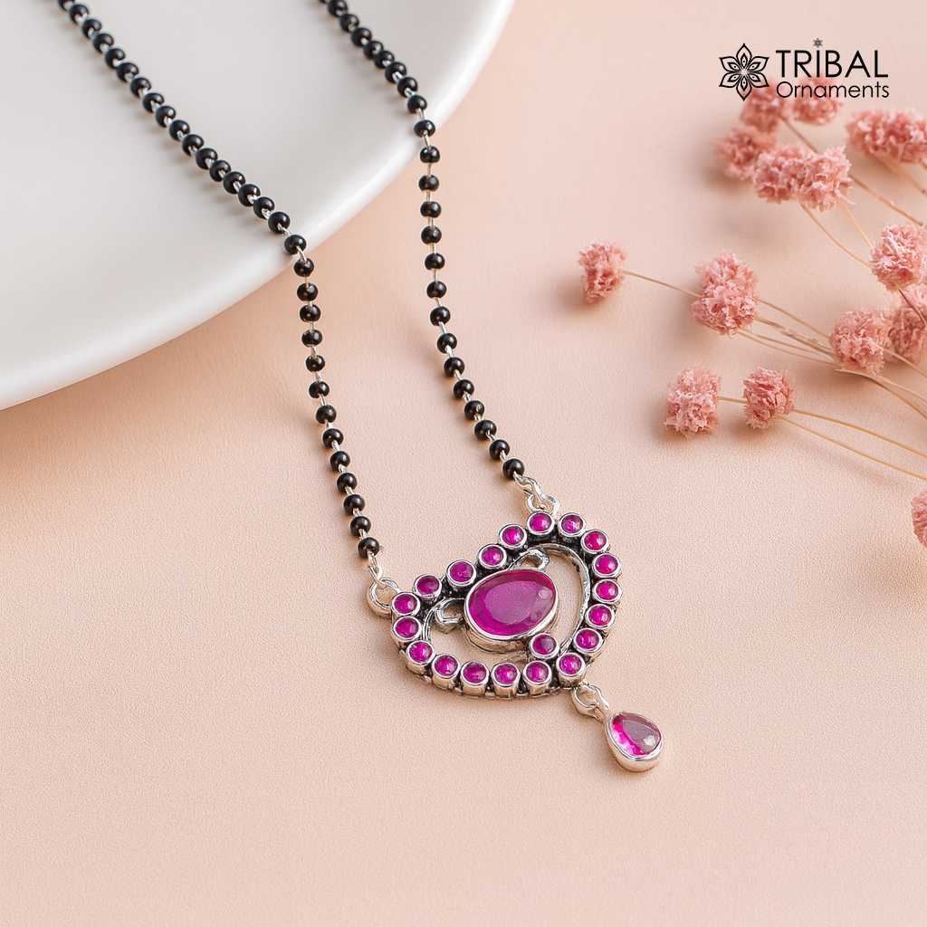 925 sterling silver black beads and red cut stone heart design mangal sutra necklace brides Mangalsutra chunky necklace ms84 - TRIBAL ORNAMENTS