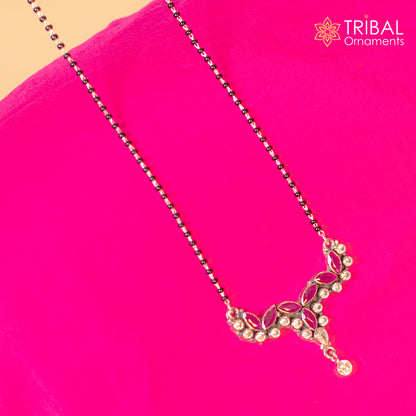 Sterling silver tribal mangalsutra necklace with black beads and red cut stone, designed for brides, chunky style by TRIBAL ORNAMENTS.