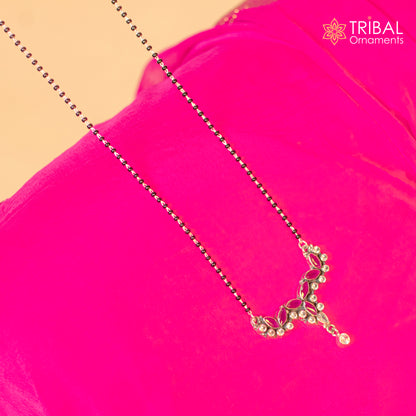 925 sterling silver brides Mangalsutra necklace with black beads and red cut stone, featuring a chunky design by TRIBAL ORNAMENTS