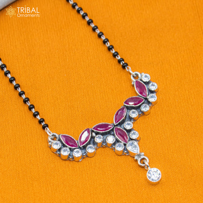 925 sterling silver bridal Mangalsutra necklace with black beads and red cut stone, chunky design from Tribal Ornaments.