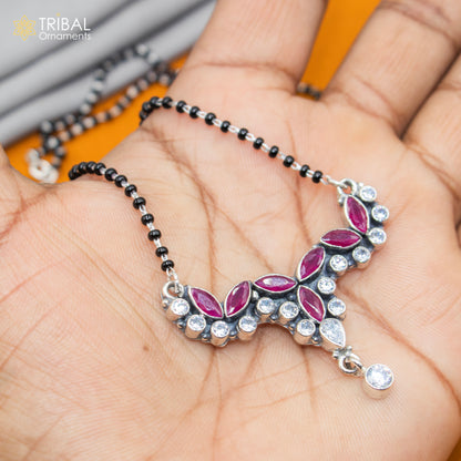 925 sterling silver bridal Mangalsutra with black beads and red cut stone, chunky necklace design by TRIBAL ORNAMENTS