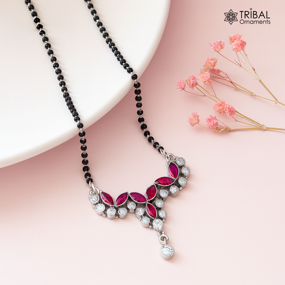 925 sterling silver bridal Mangalsutra with black beads, red cut stone, chunky design from TRIBAL ORNAMENTS.