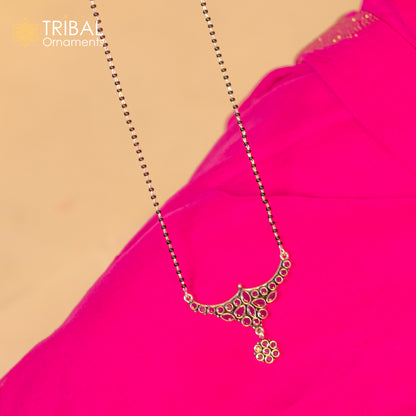925 sterling silver bridal Mangalsutra necklace with black beads and red cut stone, featuring a chunky design by TRIBAL ORNAMENTS
