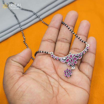925 sterling silver black beads and red cut stone brides Mangalsutra chunky necklace with intricate tribal design.
