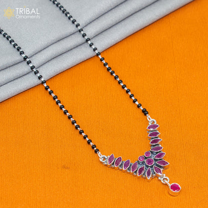 925 sterling silver brides Mangalsutra necklace with black beads and red cut stone, featuring a chunky design by TRIBAL ORNAMENTS