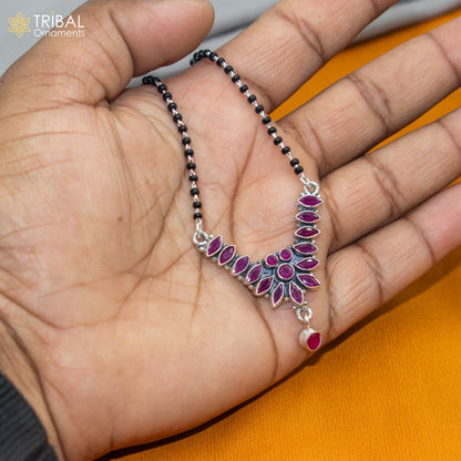 Sterling silver bridal Mangalsutra necklace with black beads and red cut stone from TRIBAL ORNAMENTS, chunky and traditional design.