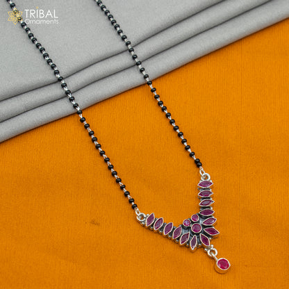 925 sterling silver bridal Mangalsutra necklace with black beads and red cut stone, featuring a chunky design by TRIBAL ORNAMENTS.