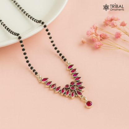 925 sterling silver bridal Mangalsutra necklace with black beads and red cut stone, featuring a chunky design by TRIBAL ORNAMENTS