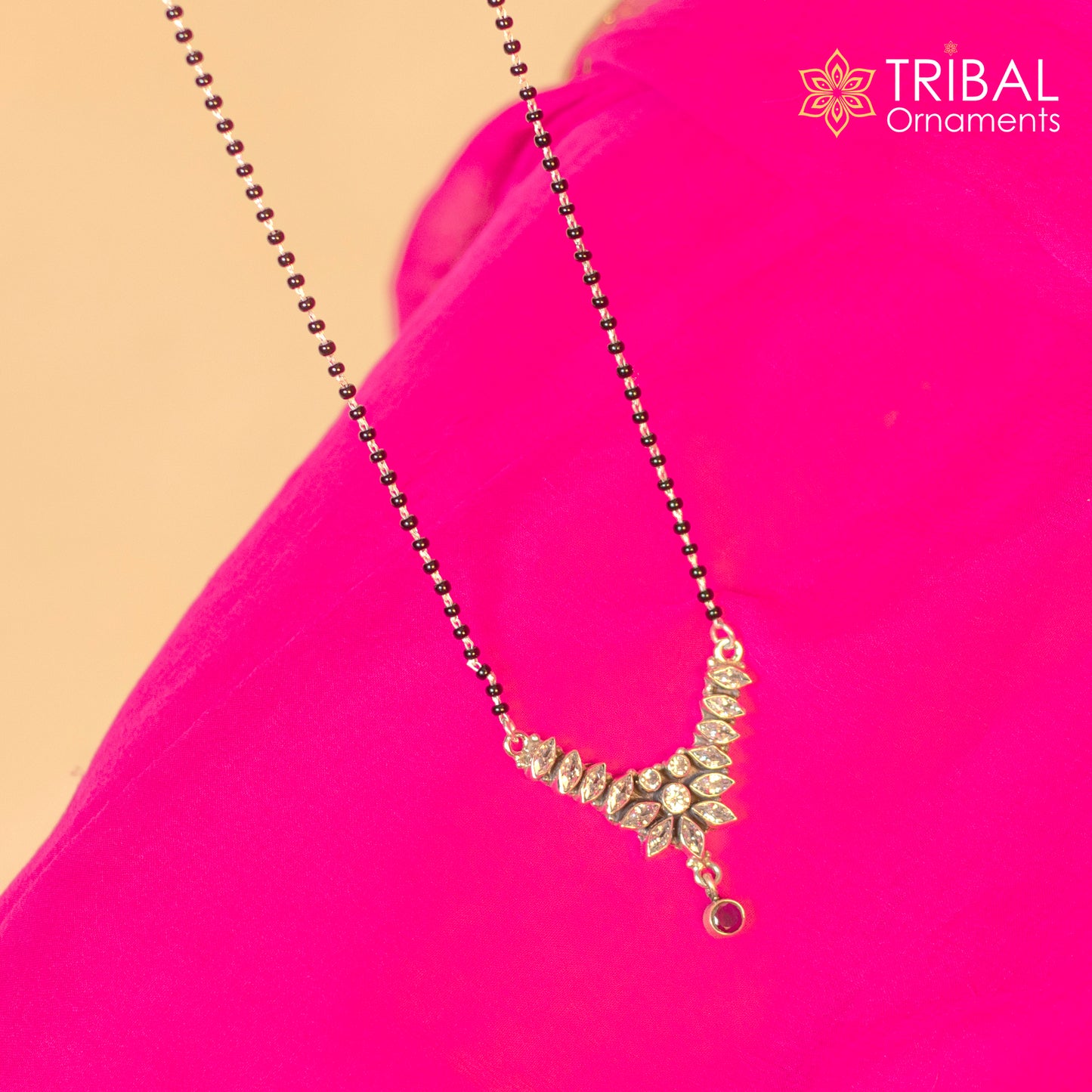 Sterling silver black beads and white cut stone brides Mangalsutra chunky necklace by TRIBAL ORNAMENTS, showing intricate bead and stone details.