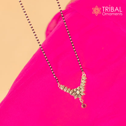 Sterling silver black beads and white cut stone brides Mangalsutra chunky necklace by TRIBAL ORNAMENTS, showing intricate bead and stone details.