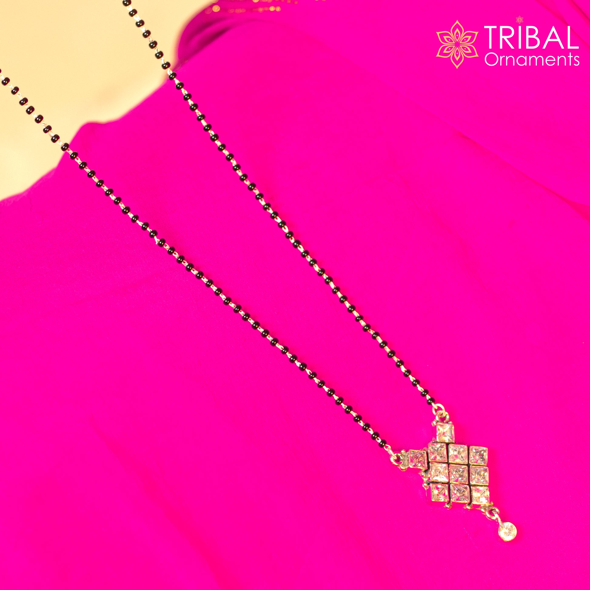 925 sterling silver black beads and white cut stone mangal sutra necklace brides Mangalsutra chunky necklace ms90 - TRIBAL ORNAMENTS