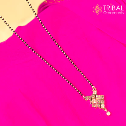 925 silver brides Mangalsutra necklace with black beads and white cut stones, chunky tribal ornament jewelry.