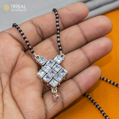 925 sterling silver black beads and white cut stone brides Mangalsutra necklace with chunky design by TRIBAL ORNAMENTS