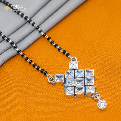 Sterling silver black beads and white cut stone brides Mangalsutra chunky necklace by TRIBAL ORNAMENTS, with intricate design.