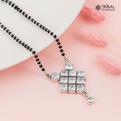 Sterling silver black beads and white cut stone brides Mangalsutra chunky necklace by TRIBAL ORNAMENTS, traditional Indian jewelry.
