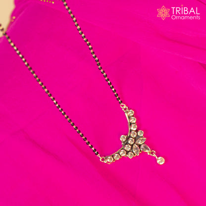 925 sterling silver Mangalsutra necklace with black beads and white cut stone, featuring a chunky design by TRIBAL ORNAMENTS