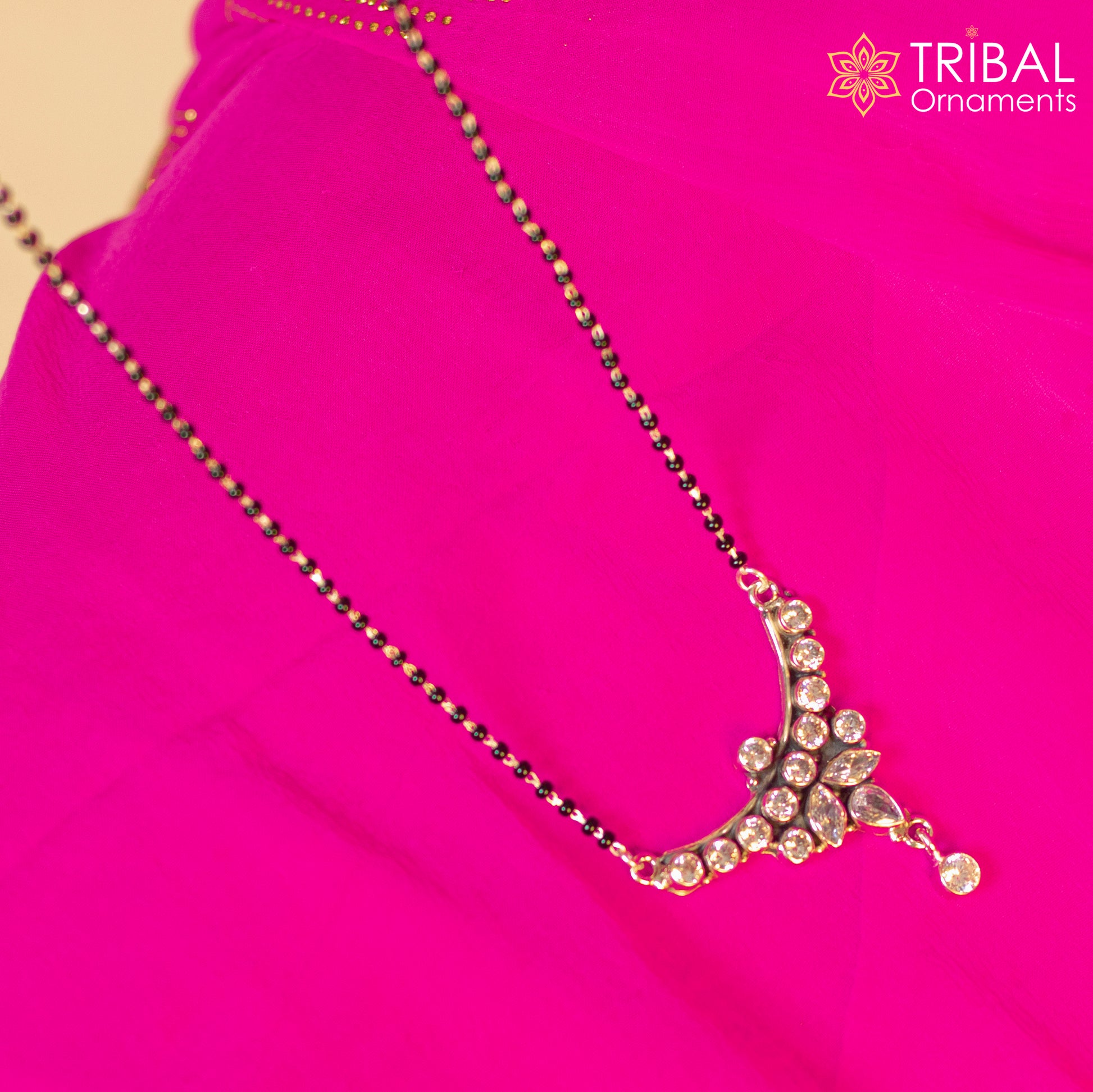 925 sterling silver black beads and white cut stone mangal sutra necklace brides Mangalsutra chunky necklace ms93 - TRIBAL ORNAMENTS