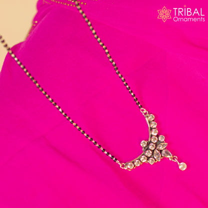 925 sterling silver black bead and white cut stone Mangalsutra necklace with chunky design, worn by brides, from TRIBAL ORNAMENTS.