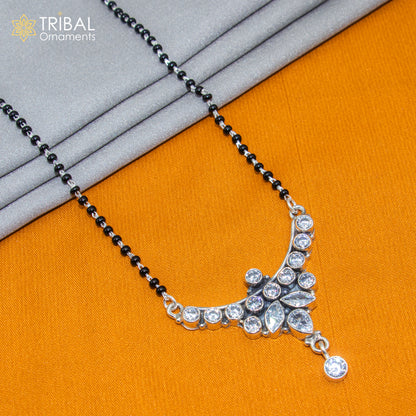 925 sterling silver Mangalsutra necklace with black beads and white cut stones, tribal-style chunky jewelry for brides
