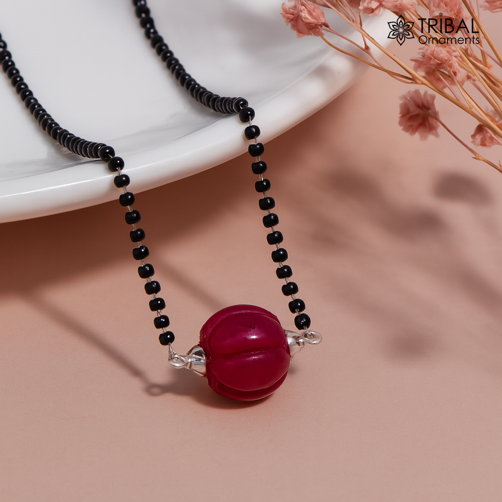 925 sterling silver black beads chain and red beads necklace, vintage stylish fancy necklace ms150 - TRIBAL ORNAMENTS