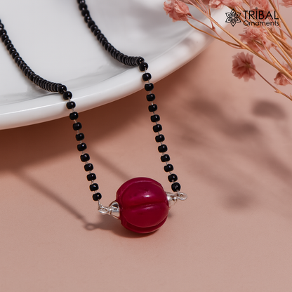 Sterling silver black beads and red beads vintage mangalsutra necklace with intricate design, stylish jewelry by TRIBAL ORNAMENTS
