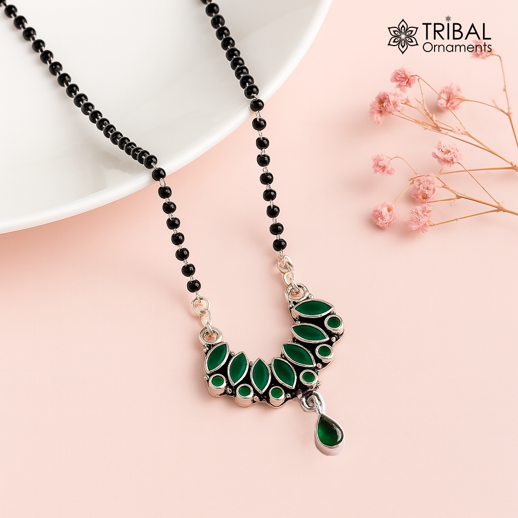 925 sterling silver black beads chain mangal sutra necklace for daily use brides Mangalsutra chunky necklace green stone pendant ms51 - TRIBAL ORNAMENTS