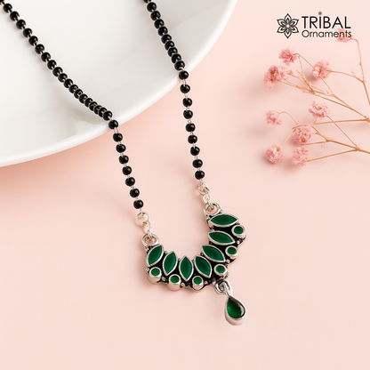 925 sterling silver Mangalsutra necklace with black beads, green stone pendant, tribal design, for daily wear and brides.