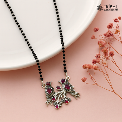 925 sterling silver black beads chain with love bird pendant Mangalsutra for brides, featuring a stylish stone accent.