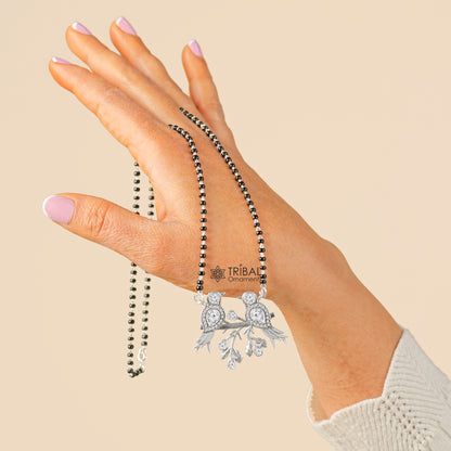 925 sterling silver black beads mangalsutra with love bird pendant, tribal ornaments style for brides and daily wear.