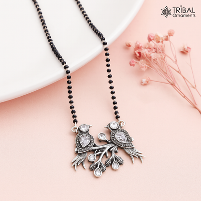 925 sterling silver black beads chain with love bird pendant mangalsutra, tribal ornaments style for brides and daily wear.