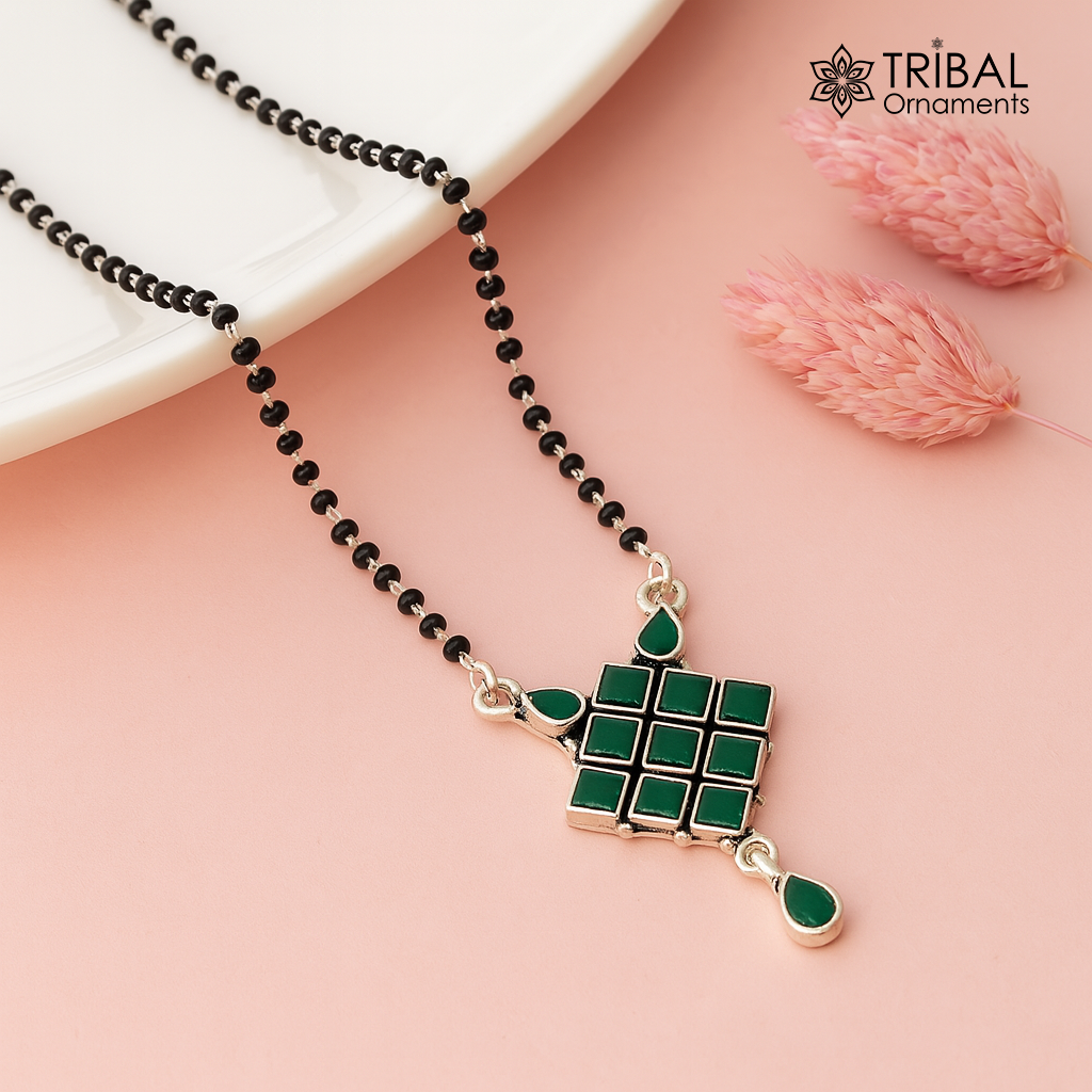 925 sterling silver black beads chain necklace, Simple delicate stone pendant, traditional style brides Mangalsutra chunky necklace ms09 - TRIBAL ORNAMENTS