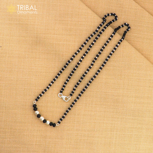 925 sterling silver black beads chain necklace, vintage stylish fancy necklace, traditional style brides Mangalsutra necklace India ms145 - TRIBAL ORNAMENTS