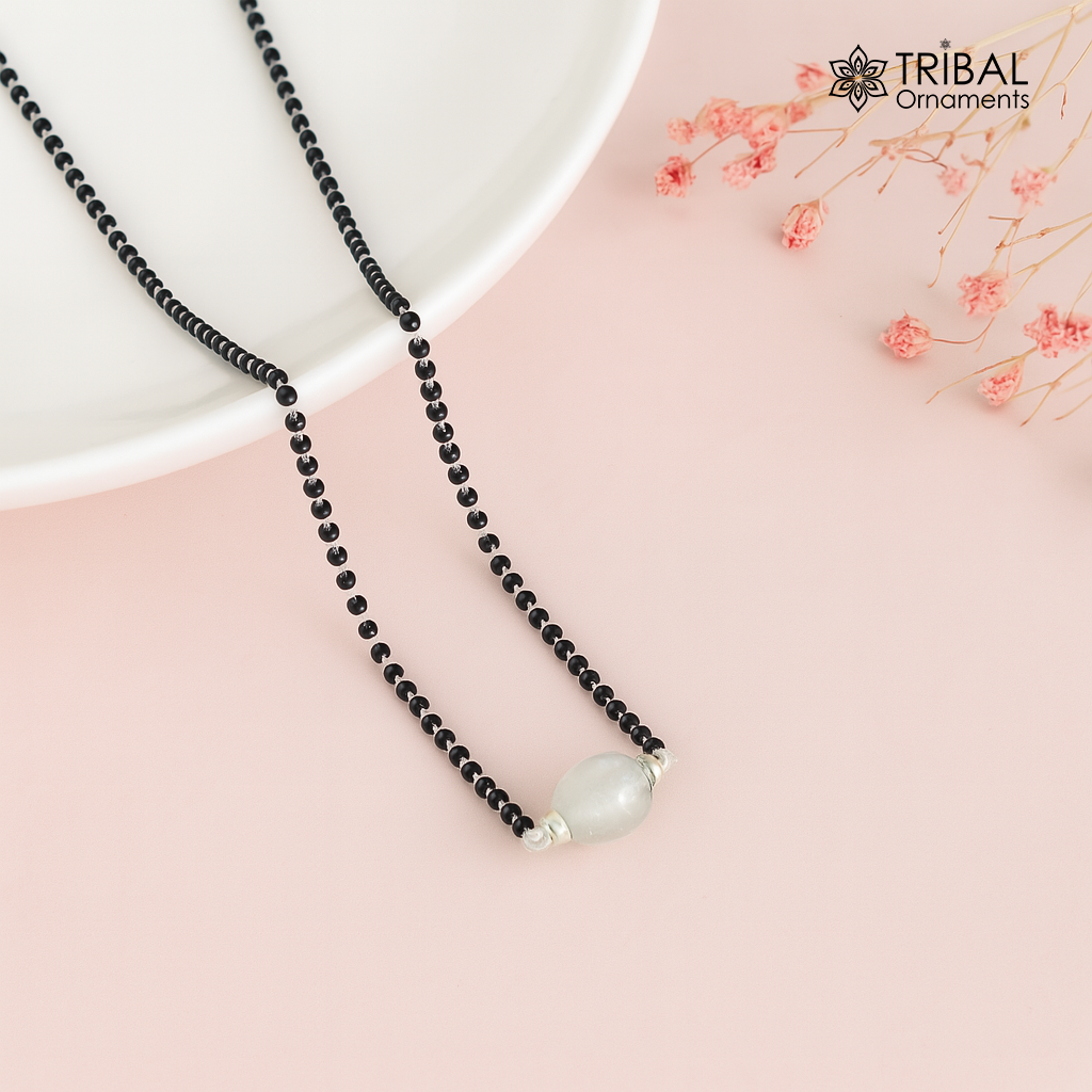 925 sterling silver black beads chain necklace, vintage stylish fancy necklace, traditional style brides Mangalsutra necklace India ms149 - TRIBAL ORNAMENTS